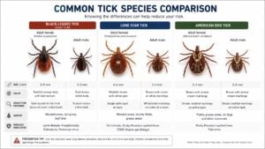 Alt text: Comparison chart of common tick species: Black-Legged, Lone Star, and American Dog ticks. Includes images, sizes, colors, habitats, and diseases carried.