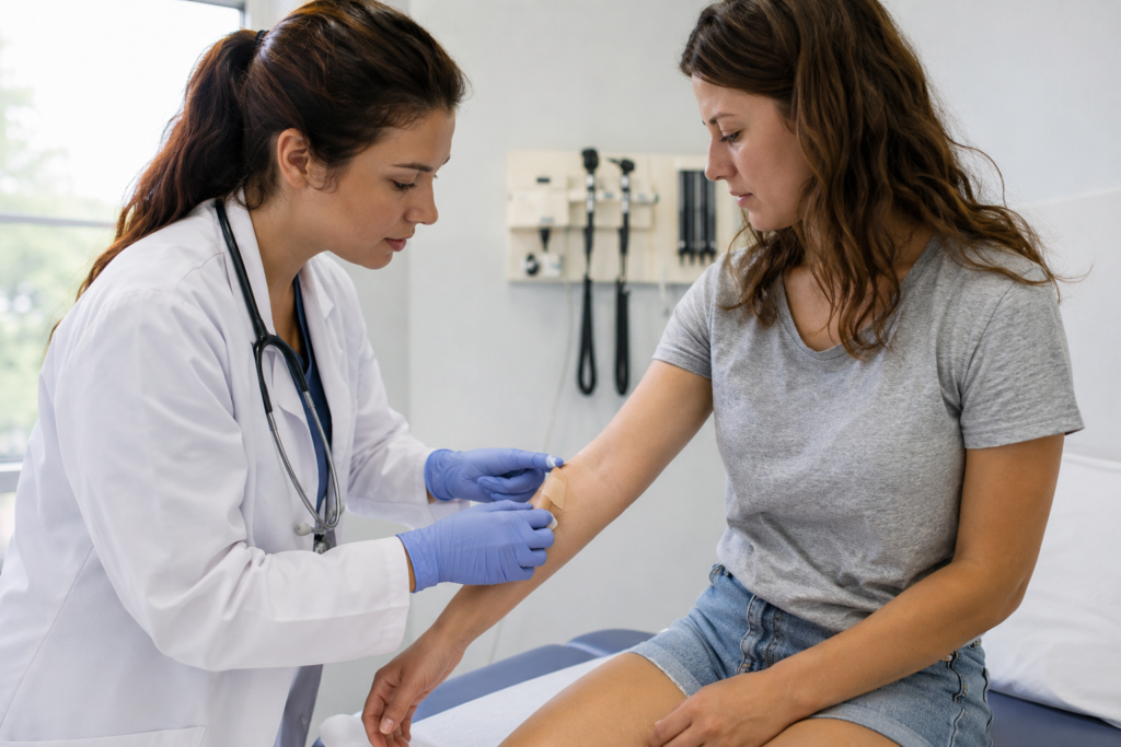 Urgent care provider treating a patient with a common summer illness or minor injury
