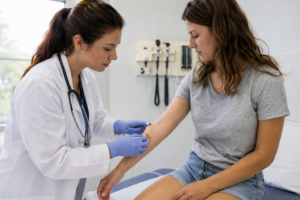Urgent care provider treating a patient with a common summer illness or minor injury
