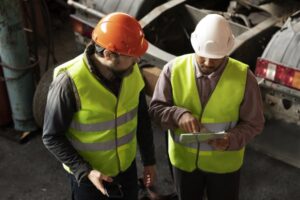 Occupational health professional consulting employees about workplace safety and employee wellness programs