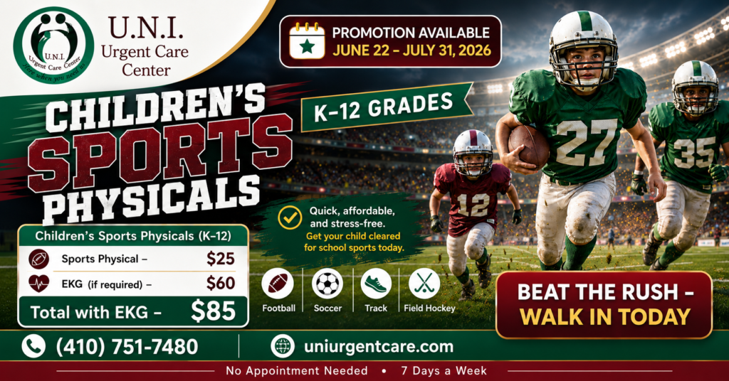 Children's Sports Physical Promotion at UNI Urgent Care for K-12 Student Athletes June 22 Through July 31 2026