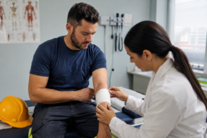 Injury care in a medical exam room