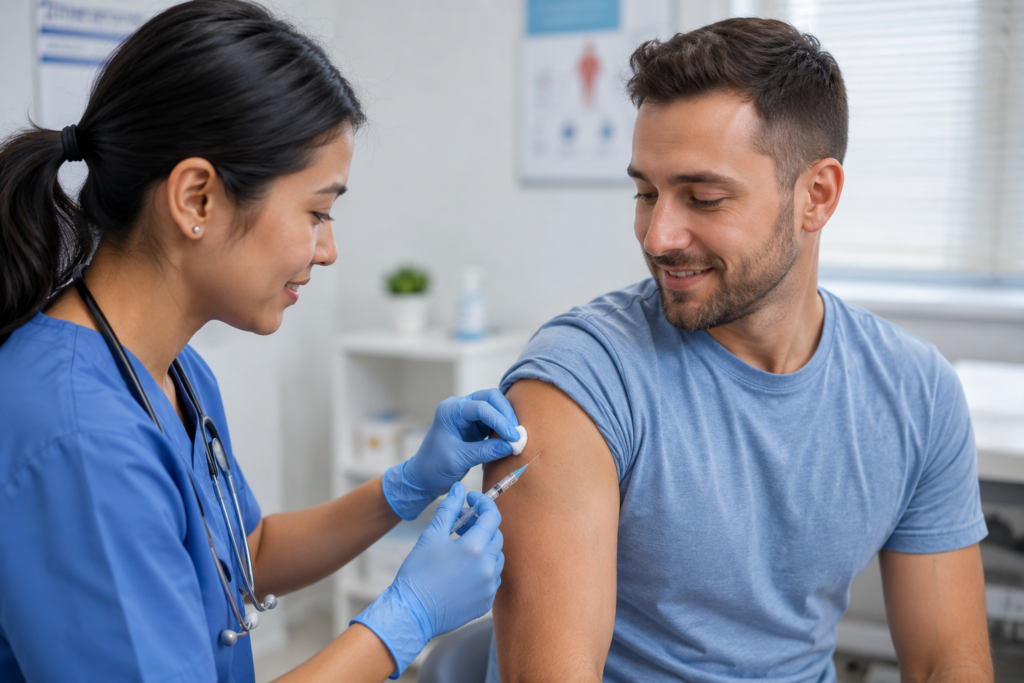 Nurse administering vaccine in exam room