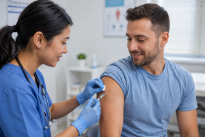 Nurse administering vaccine in exam room