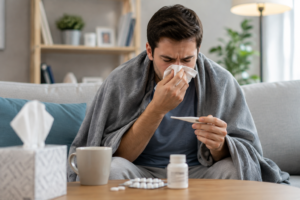 Patient speaking with an urgent care provider about COVID-19 symptoms and testing