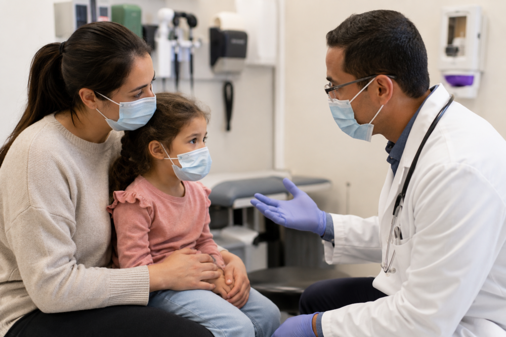 Parent and child visiting an urgent care provider for respiratory symptoms during RSV season