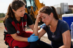Person showing signs of heat exhaustion while receiving medical attention