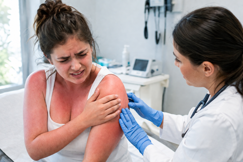 Patient receiving medical evaluation for a severe sunburn