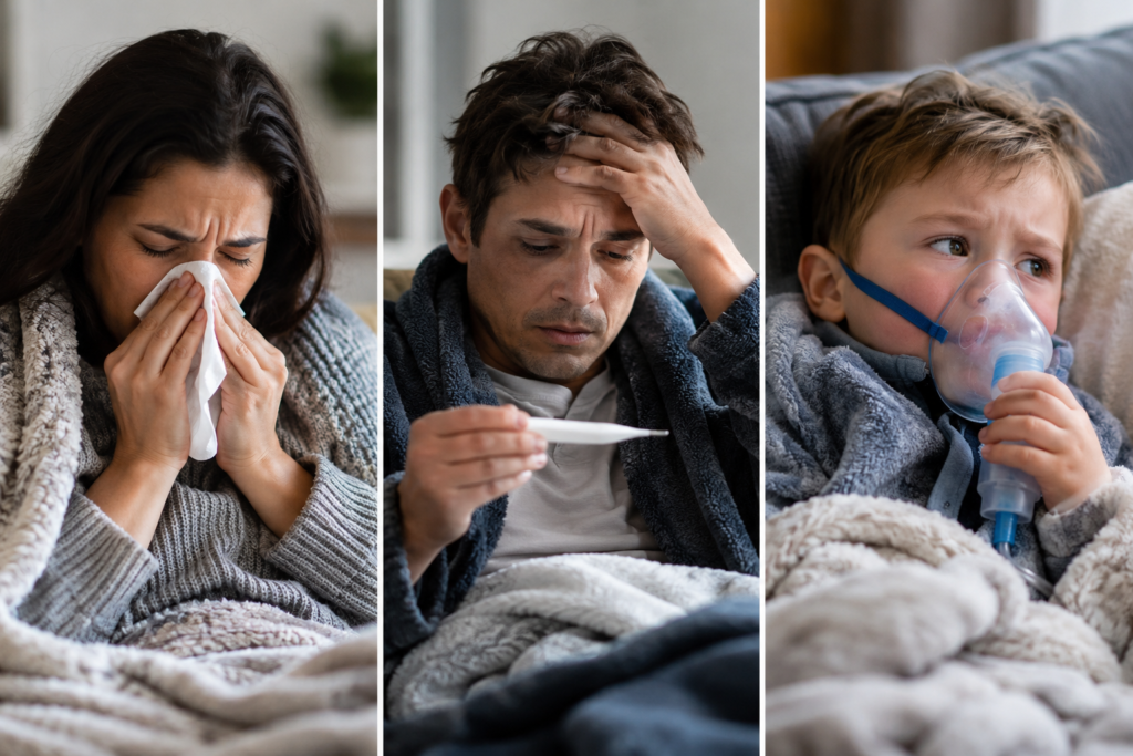 Patient discussing flu, COVID-19, and RSV symptoms with a healthcare provider