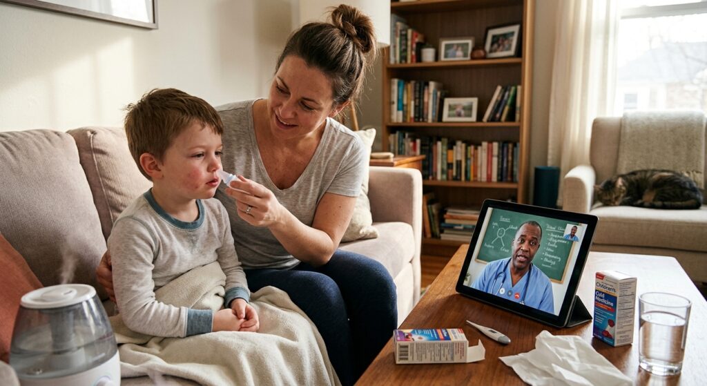 Parent caring for a child with respiratory symptoms while receiving medical guidance