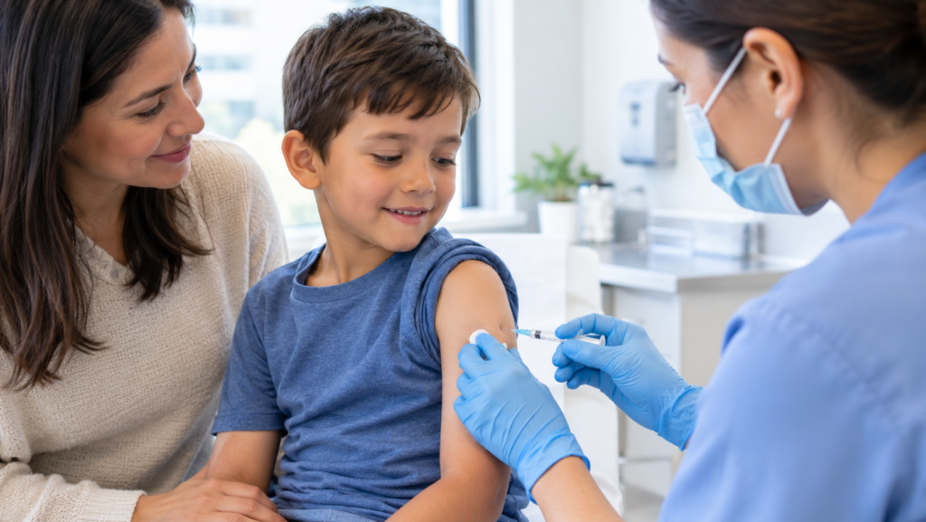 Child with a measles rash being evaluated by a healthcare provider ay U.N.I. Urgent Care