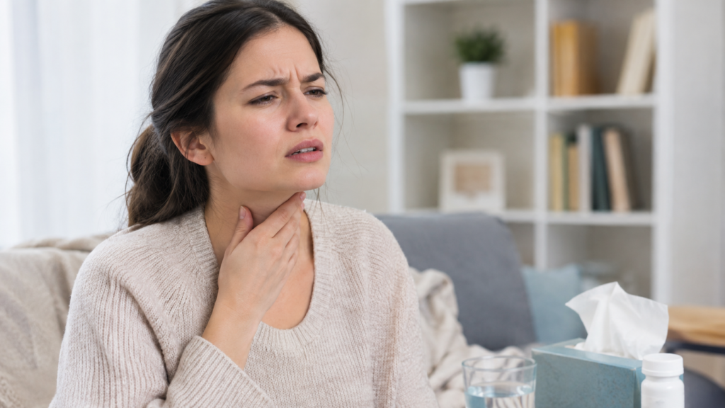 Patient receiving a throat examination from a healthcare provider for possible strep throat